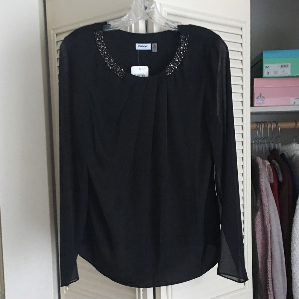 DKNYC beaded satin blouse.